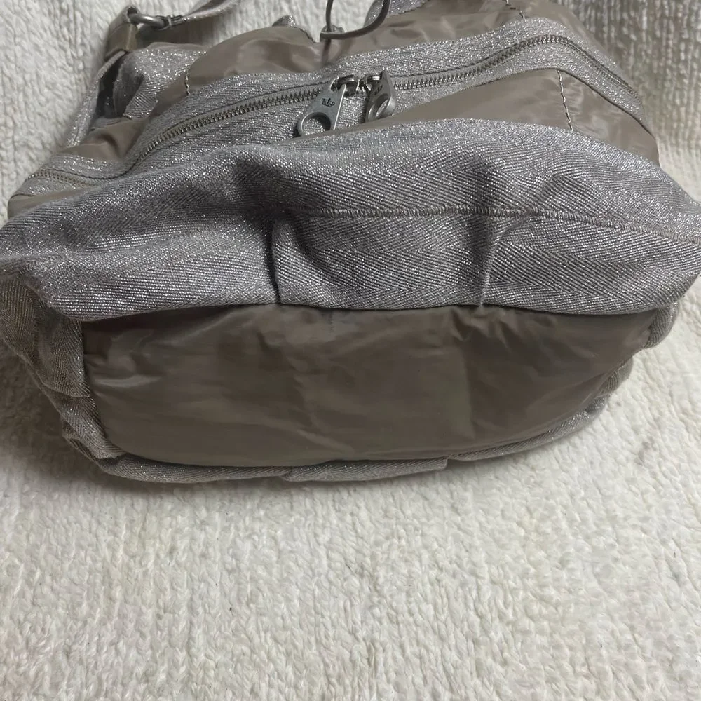 Juicy Couture Nylon taupe & cotton silver shimmery hobo bag leather strap